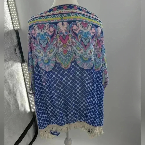 Candy Rose Pink And Blue Open Front Paisley Top Size M/L Tangled Tie Hem - Picture 7 of 9